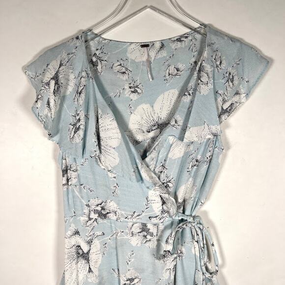 Free People French Quarter Mini Wrap Dress S Blue Floral Ruffles Tie Waist - Picture 3 of 8